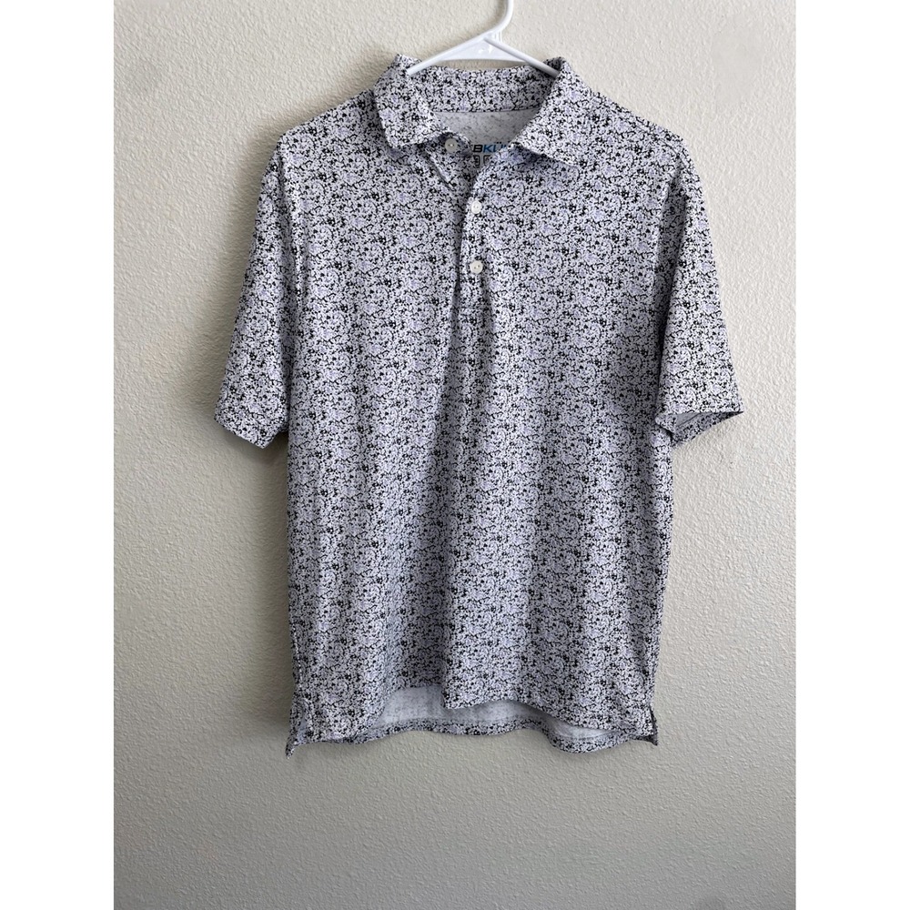 IBKUL Polo Shirt Mens Medium Purple Black‎ Floral Splatter UPF 50+ Performance